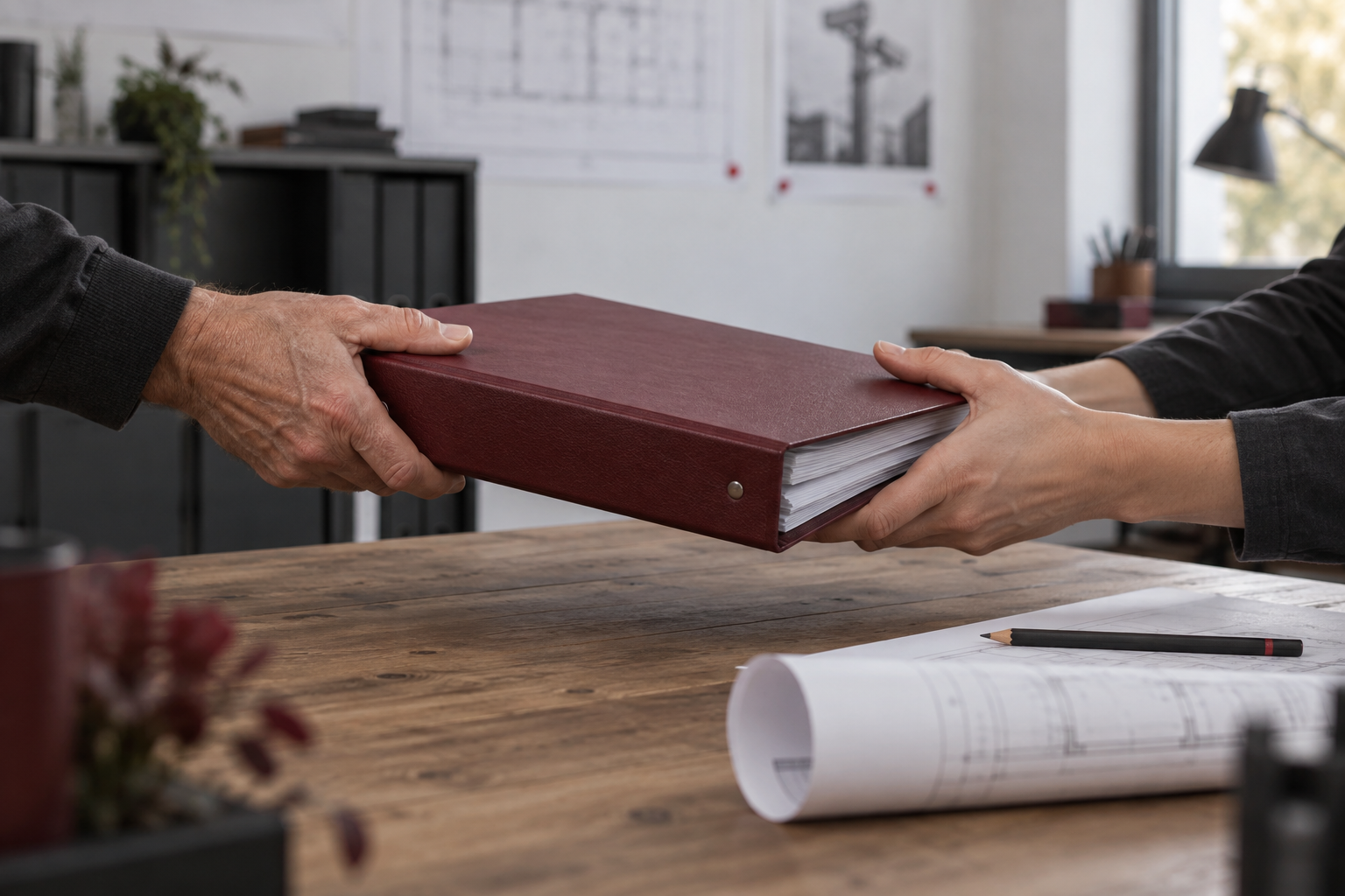 Symbolische Übergabe einer Projektmappe